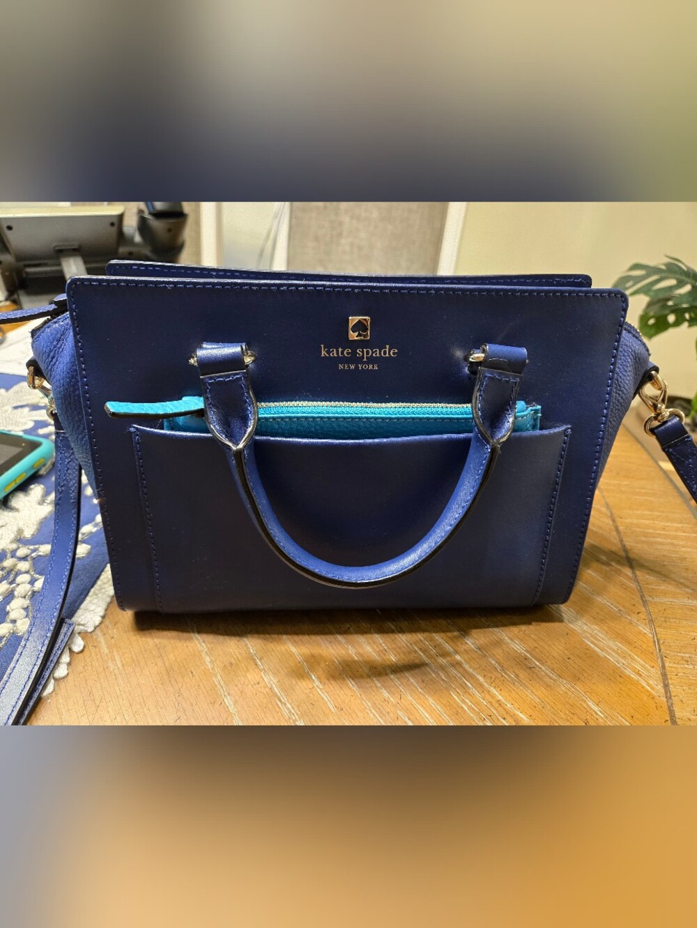 kate spade Navy Satchel with Turquoise Zip Accent Crossbody